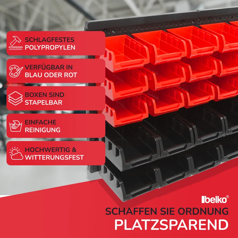 P24® Wandregal Stapelboxen, blau oder rot, Set 32 tlg. (Farbe wählbar)