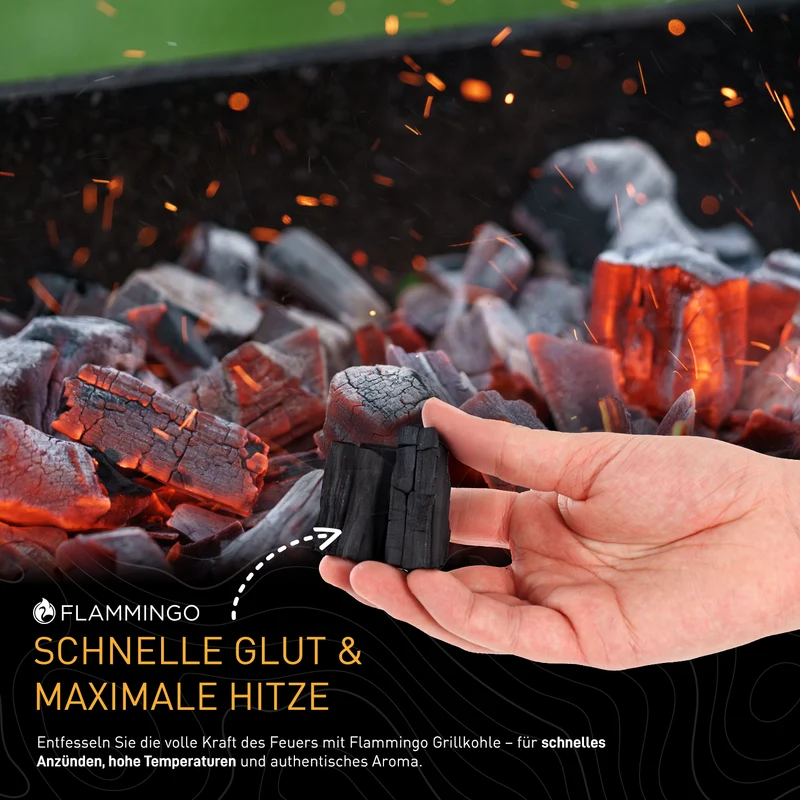 Flammingo® Grillkohle – 100% Natur-Holzkohle aus Hartholz – extra grob – lange Brenndauer – ideal für BBQ, Smoker & Grill