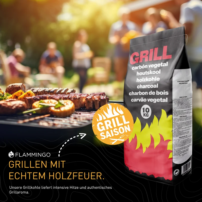 Flammingo® Grillkohle – 100% Natur-Holzkohle aus Hartholz – extra grob – lange Brenndauer – ideal für BBQ, Smoker & Grill