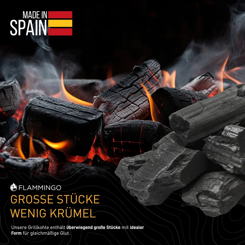 Flammingo® Grillkohle – 100% Natur-Holzkohle aus Hartholz – extra grob – lange Brenndauer – ideal für BBQ, Smoker & Grill