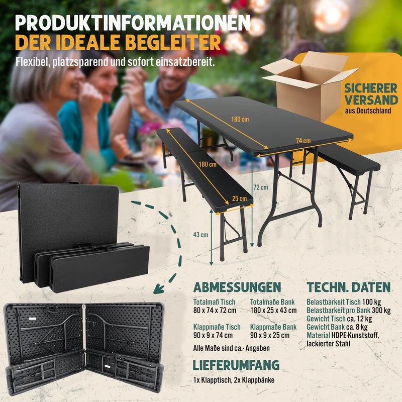 Devillo® Bierzeltgarnitur 3-teilig klappbar – Tisch + 2 Bänke – wetterfest – in Anthrazit, Weiß oder Rattanoptik