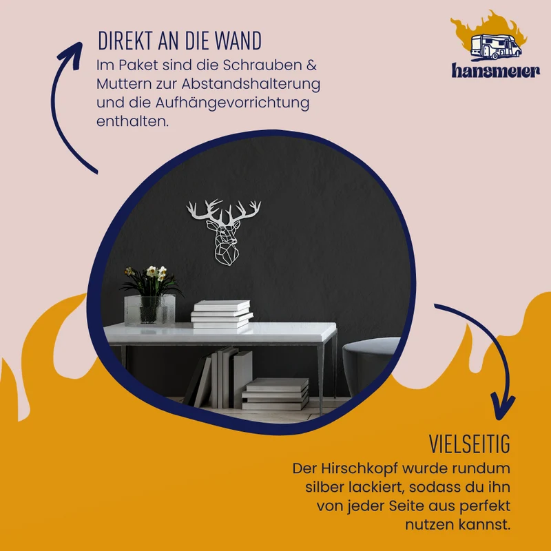 Wanddeko aus Metall | 42 x 47 cm | Hirsch Silber