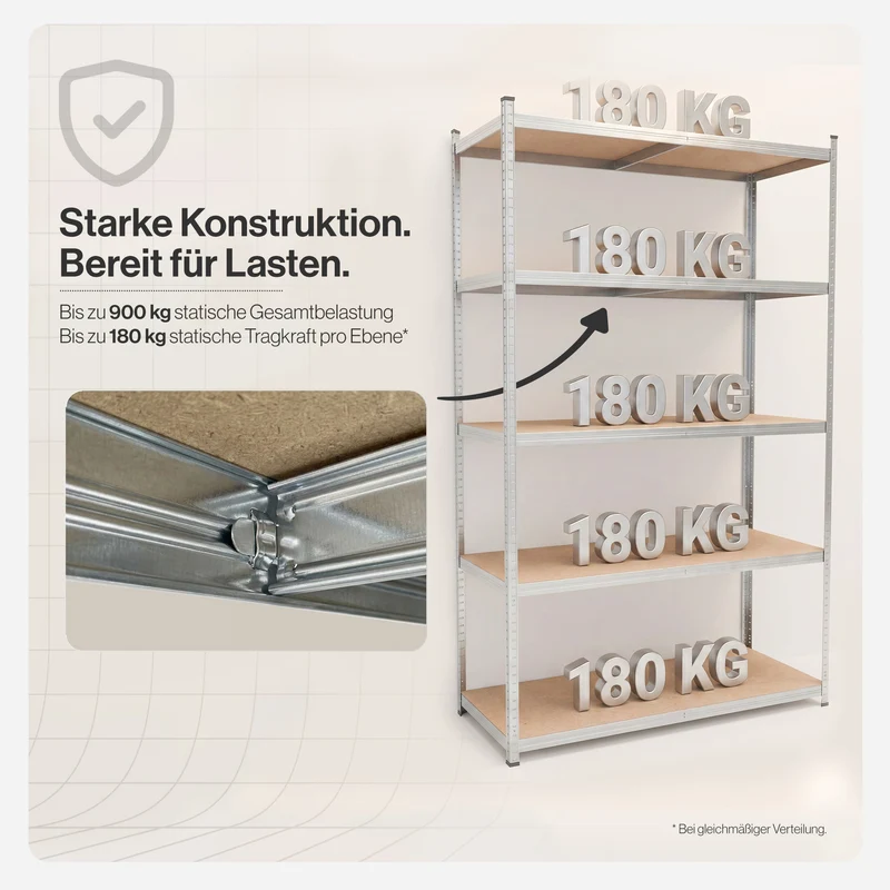 Belko® Schwerlastregal C225, 200x120x50 cm, 5 Böden, 180kg Tragkraft pro Boden, (Farbe wählbar) - Lagerregal, Steckregal