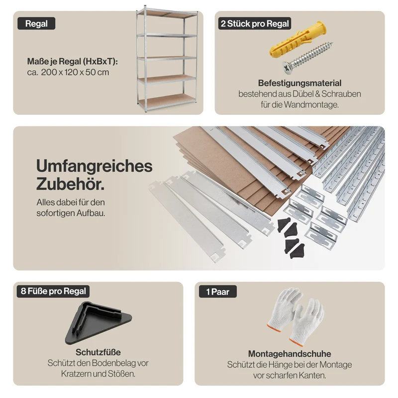 Belko® Schwerlastregal C225, 200x120x50 cm, 5 Böden, 180kg Tragkraft pro Boden, (Farbe wählbar) - Lagerregal, Steckregal