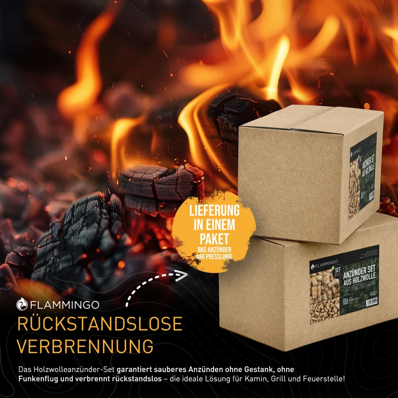 Flammingo® 12 kg Kamin-Anzünder Set, bestehend aus 8kg Holzwolleanzünder und 4kg Anzündsticks - aus Holzwolle und Wachs, ideal für Kamin, Ofen, Grill UVM.