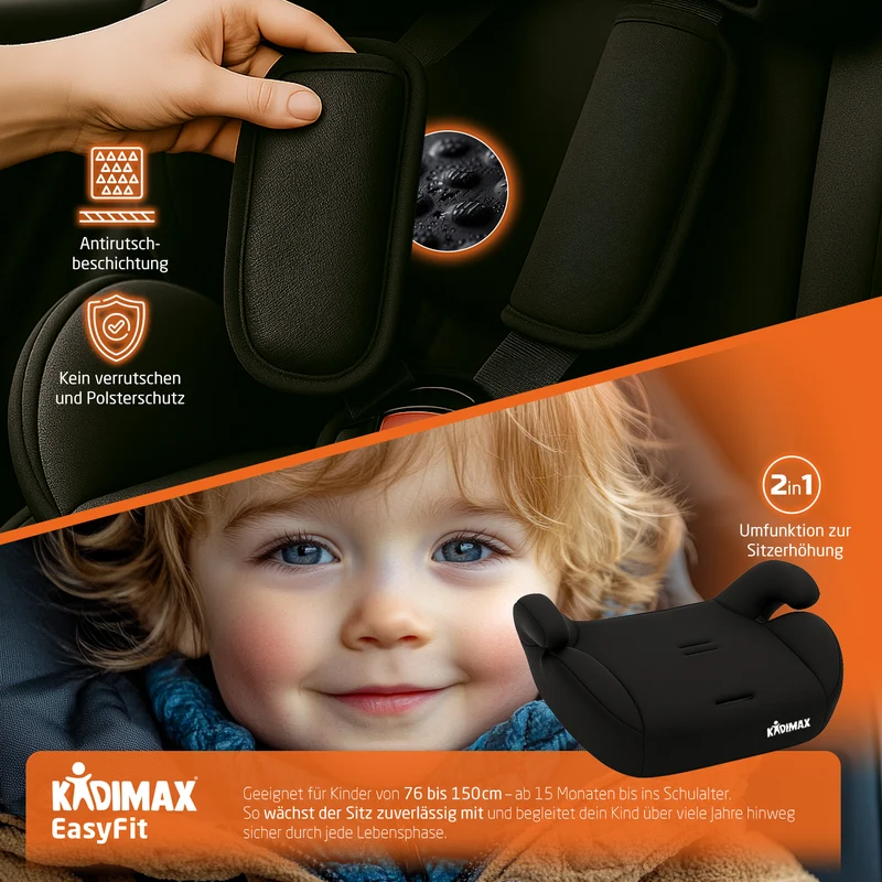 Kidimax® Kindersitz EasyFit 9–36 kg – Mitwachsender Autositz nach ECE R129/03, ohne Isofix