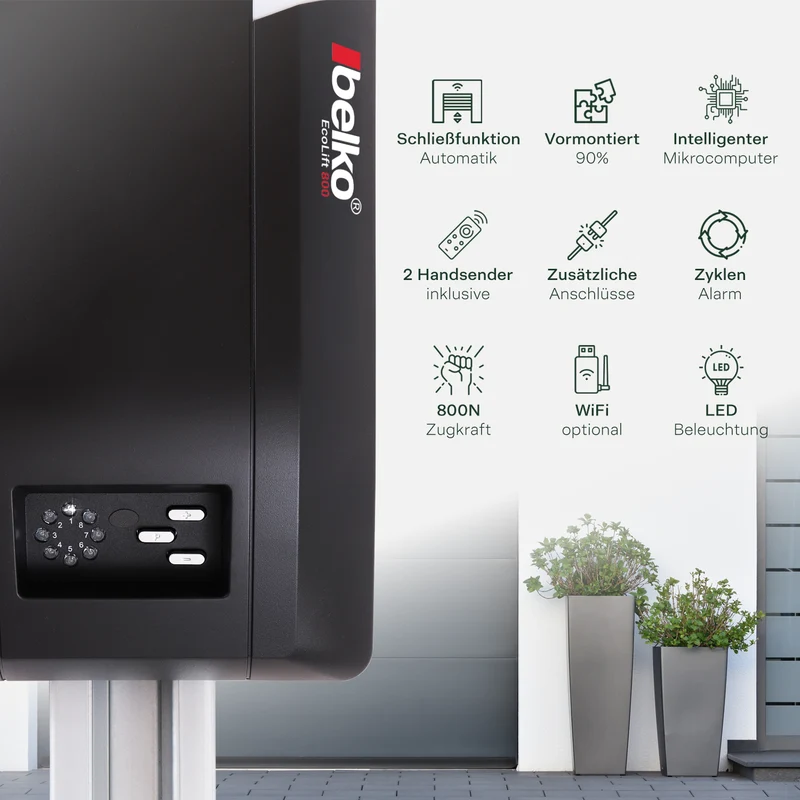 Belko® Garagentorantrieb EcoLift 800 für Schwing- & Roll-Tore bis 12m², inkl. 2 Fernbedienungen 433 Mhz, Kraft 800 N, Notentriegelung, Softstart-/Softstopp-Automatik, LED, Zyklenalarm uvm.
