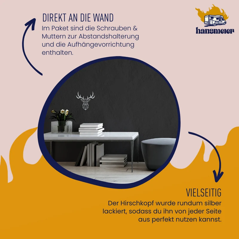 Wanddeko aus Metall | 30 x 30 cm | Silber | Hirsch Geweih