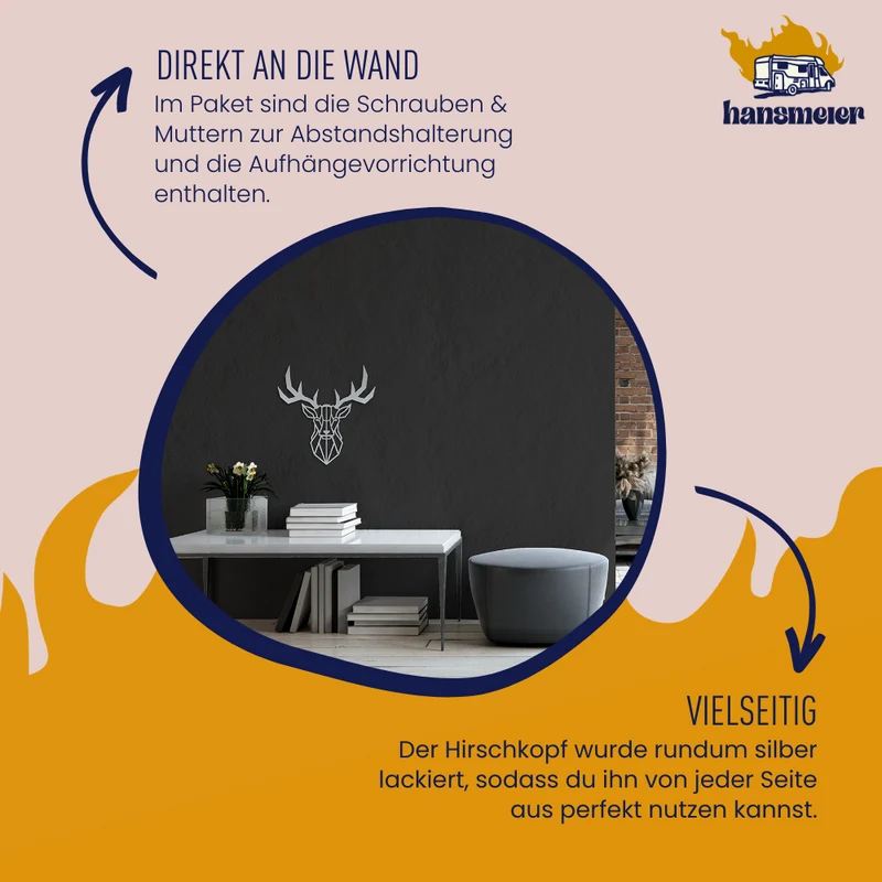 Wanddeko aus Metall | 50 x 50 cm | Silber | Hirsch Geweih