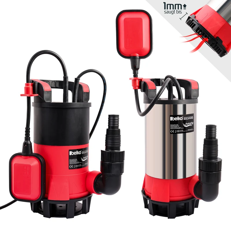 Belko® HydroFlat Vario Schmutzwasserpumpen – Pro 850W & Eco 400W, Flachsaugend bis 1 mm, Vielseitige 3-in-1 Aufsätze, Perfekt für Keller, Pool, Garten & Baustelle