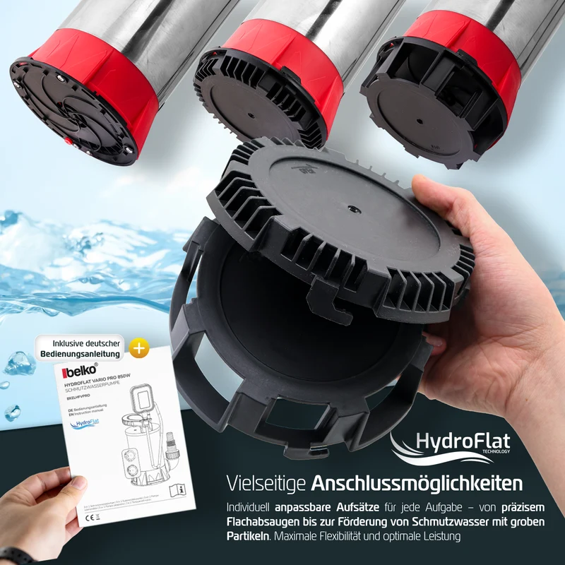 Belko® HydroFlat Vario Schmutzwasserpumpen – Pro 850W & Eco 400W, Flachsaugend bis 1 mm, Vielseitige 3-in-1 Aufsätze, Perfekt für Keller, Pool, Garten & Baustelle