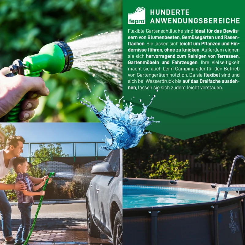 Fepro® Flexibler Gartenschlauch 30m 20m 15m 10m Dehnbar 3/4" 1/2" Grün Schwarz
