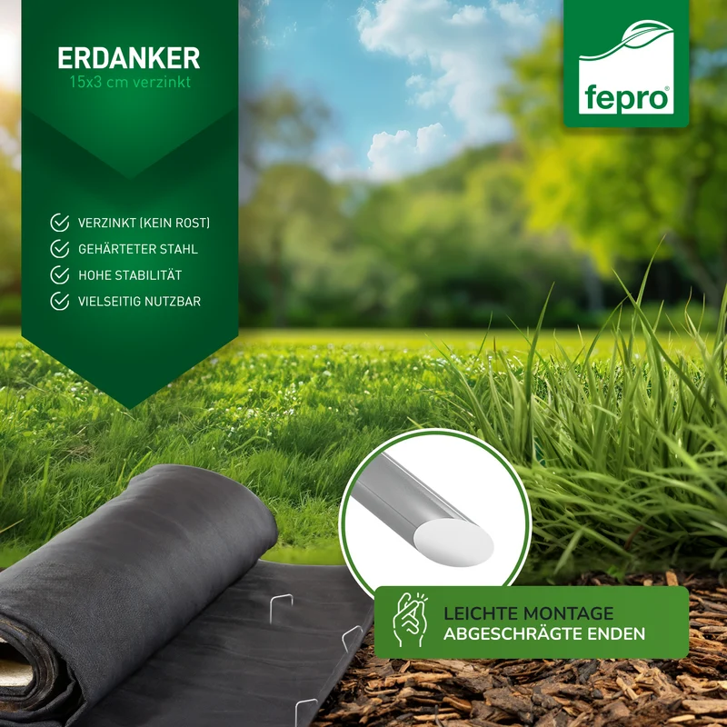 Fepro® Erdanker verzinkter Stahl 150mm x 30mm Ø 2,7mm Unkrautvlies Gartenvlies Erdnägel Zeltanker Heringe Bodenanker Trampolin Zaun Garten Zelthering Kunstrasen