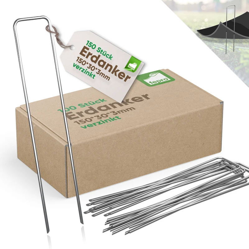 Fepro® Erdanker verzinkter Stahl 150mm x 30mm Ø 2,7mm Unkrautvlies Gartenvlies Erdnägel Zeltanker Heringe Bodenanker Trampolin Zaun Garten Zelthering Kunstrasen