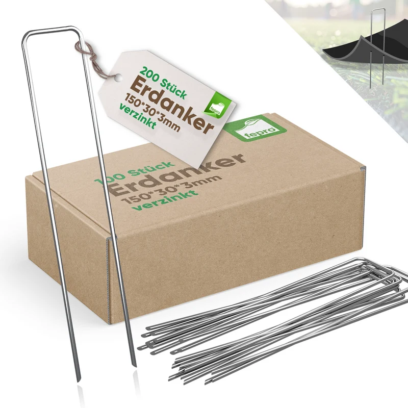 Fepro® Erdanker verzinkter Stahl 150mm x 30mm Ø 2,7mm Unkrautvlies Gartenvlies Erdnägel Zeltanker Heringe Bodenanker Trampolin Zaun Garten Zelthering Kunstrasen
