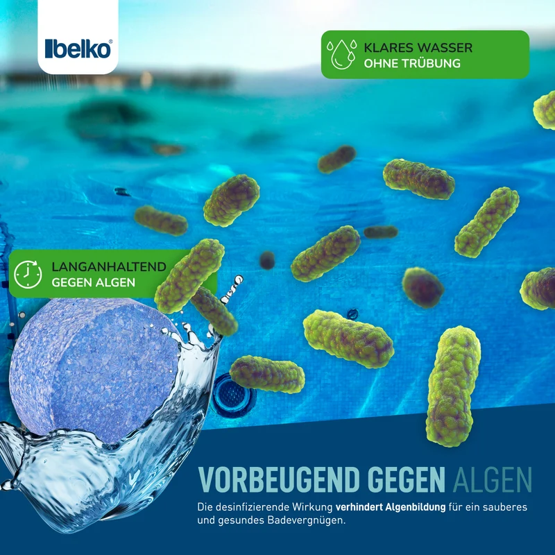 Belko® Chlor MultiTabs 5 in 1, 20 g Multifunktionstablette, langsamlöslich Langzeitdesinfektion Algenvernichtung Trübungsentfernung Chlorstabilisierung Härtestabilisator - ideal für Pools bis 20m³