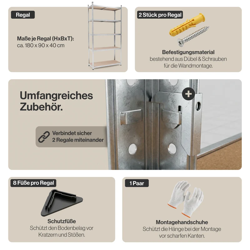 Belko® Schwerlastregal C114 Doppelpack, 180x90x40 cm, 5 Böden, 175kg Tragkraft pro Boden, (Farbe wählbar) - Lagerregal, Steckregal