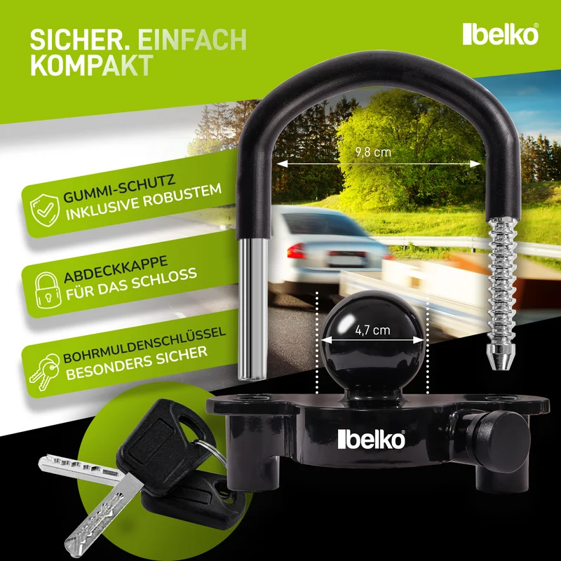 Belko® Anhängerschloss für gängige Anhängerkupplung 47mm - inkl. 2 Schlüssel, Gummischutz, Abdeckkappe - Anhängerkugelsperrkupplung Diebstahlschutz Anhänger-Sicherung Abschleppsperre