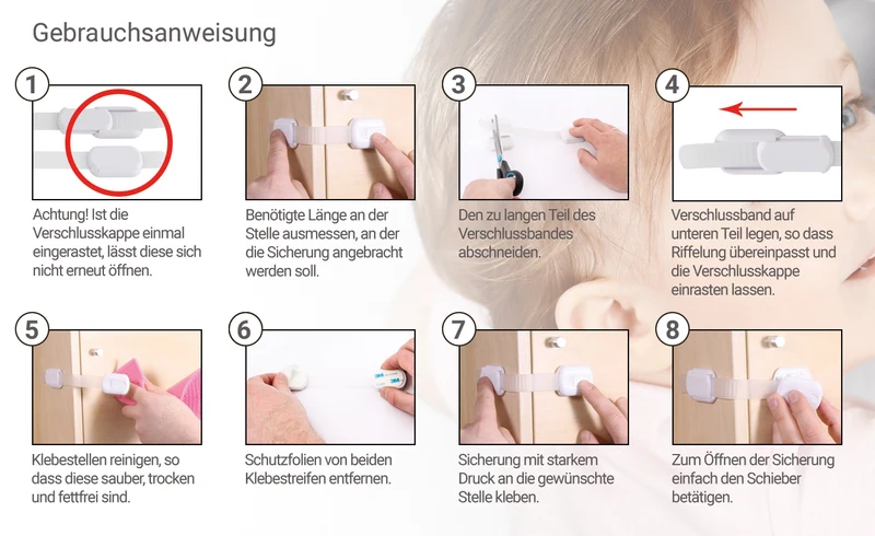 Kidimax® Kindersicherung für Schrank Schublade, Längenverstellbar, Ecke-Schlösser, 8 Stück