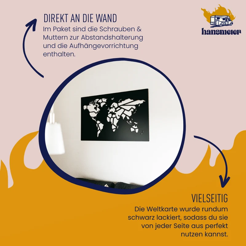 Wanddeko aus Metall | 115x68cm | Weltkarte Worldmap
