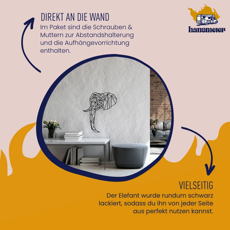 Industrial Deko aus Metall | 70 x 58 cm | Elefant | Metalldeko für die Wand