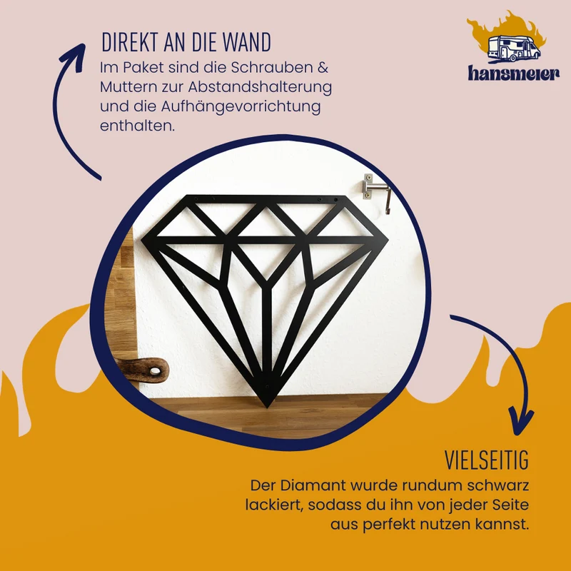 Wanddeko aus Metall | 42 x 48 cm | Diamant | Metalldeko Industrial