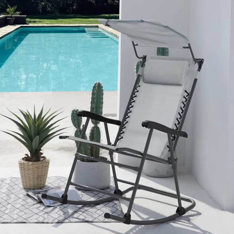 Faltbarer Schaukelstuhl mit Sonnenschutz, Kopfstütze und Armlehne