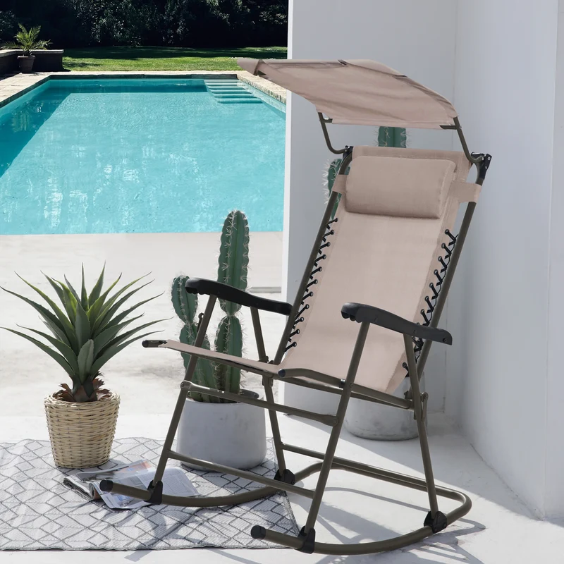 Faltbarer Schaukelstuhl mit Sonnenschutz, Kopfstütze und Armlehne