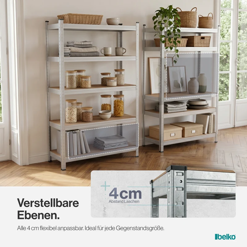 Belko® Schwerlastregal C112, 150x75x30 cm, 4 Böden, 125kg Tragkraft pro Boden, verzinkt - Lagerregal, Steckregal