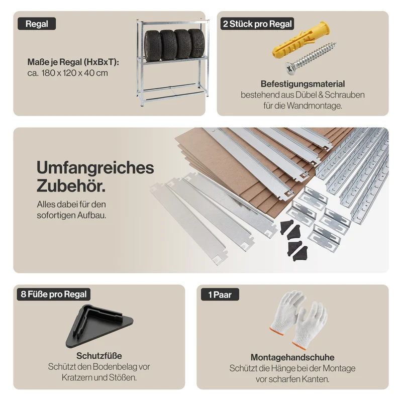 Belko® Reifenregal T110, 180x120x40 cm, für 8 Reifen mit Kantenschutz und Ablage, max. 200 kg Tragkraft, verzinkt