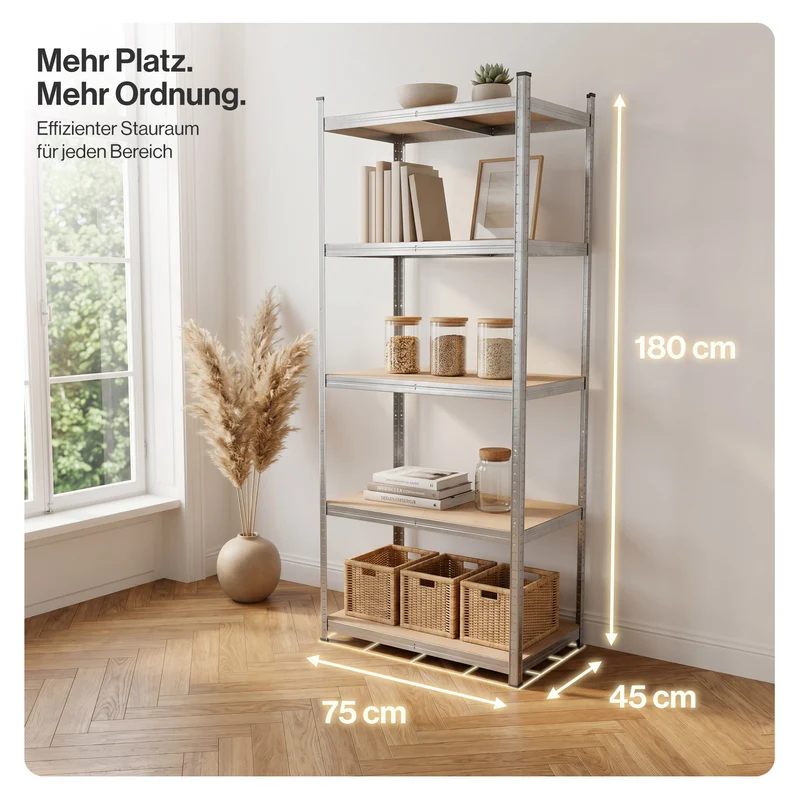 Belko® Schwerlastregal C121, 180x75x45 cm, 5 Böden, 175kg Tragkraft pro Boden, verzinkt - Lagerregal, Steckregal