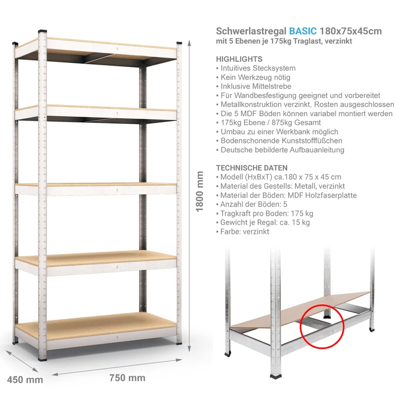 Belko® Schwerlastregal C121, 180x75x45 cm, 5 Böden, 175kg Tragkraft pro Boden, verzinkt - Lagerregal, Steckregal