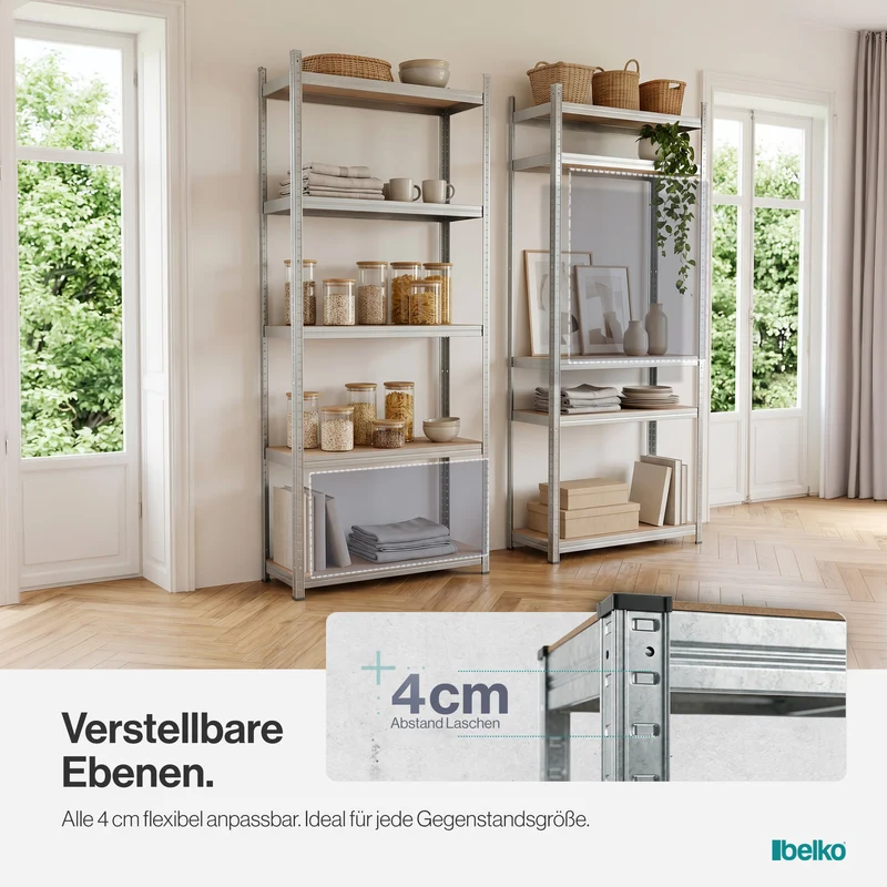 Belko® Schwerlastregal C120, 180x75x30 cm, 5 Böden, 70kg Tragkraft pro Boden, verzinkt - Lagerregal, Steckregal