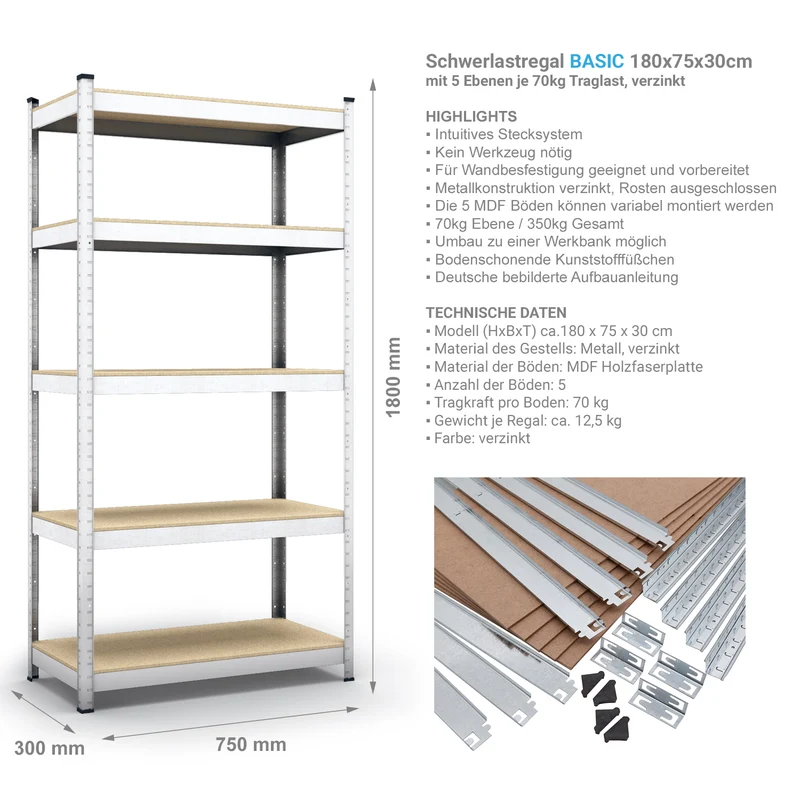 Belko® Schwerlastregal C120, 180x75x30 cm, 5 Böden, 70kg Tragkraft pro Boden, verzinkt - Lagerregal, Steckregal