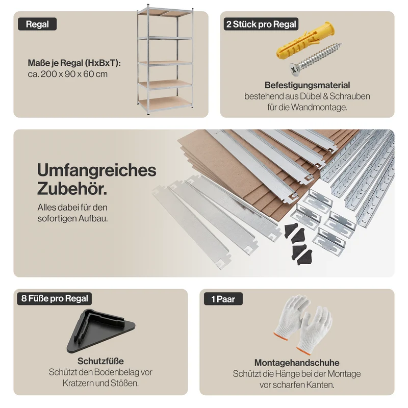 Belko® Schwerlastregal C116, 200x90x60 cm, 5 Böden, 175kg Tragkraft pro Boden, verzinkt - Lagerregal, Steckregal