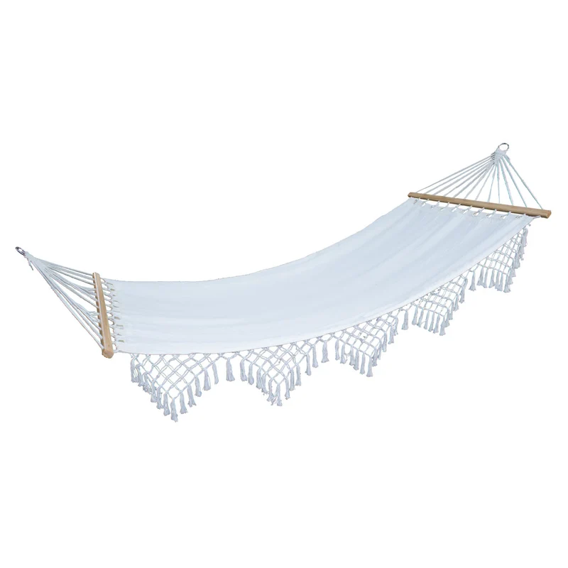 Luxushängematte mit Schmucksaum Boho Holzrahmen Macramé Baumwolle Beige