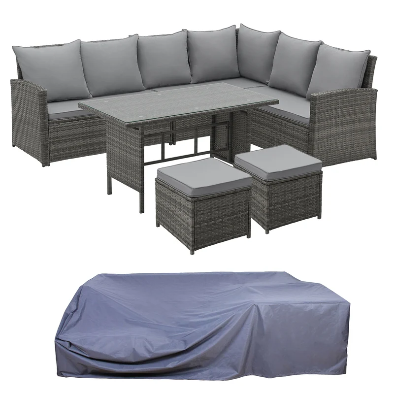 MONROE Garten-Lounge Set Abdeckhaube Outdoor Rattanlounge Essgruppe Polyrattan Lounge-Möbel Sitzgruppe Grau