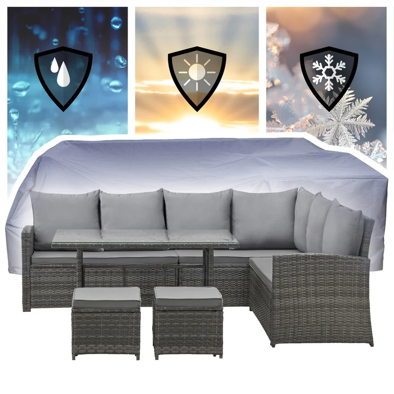MONROE Garten-Lounge Set Abdeckhaube Outdoor Rattanlounge Essgruppe Polyrattan Lounge-Möbel Sitzgruppe Grau