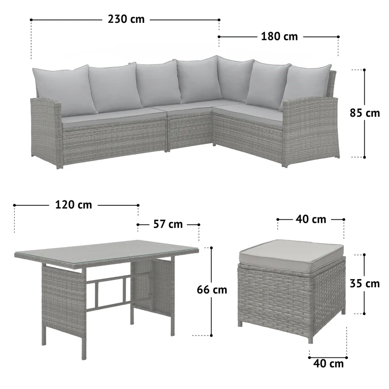 MONROE Garten-Lounge Set Abdeckhaube Outdoor Rattanlounge Essgruppe Polyrattan Lounge-Möbel Sitzgruppe Grau