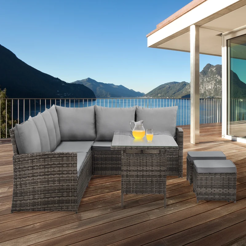 MONROE Garten-Lounge Set Outdoor Rattanlounge Essgruppe Polyrattan Lounge-Möbel Sitzgruppe Schwarz/Grau/Braun