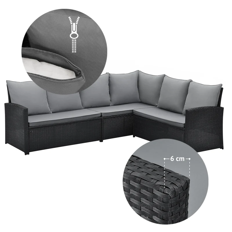 MONROE Garten-Lounge Set Outdoor Rattanlounge Essgruppe Polyrattan Lounge-Möbel Sitzgruppe Schwarz/Grau/Braun